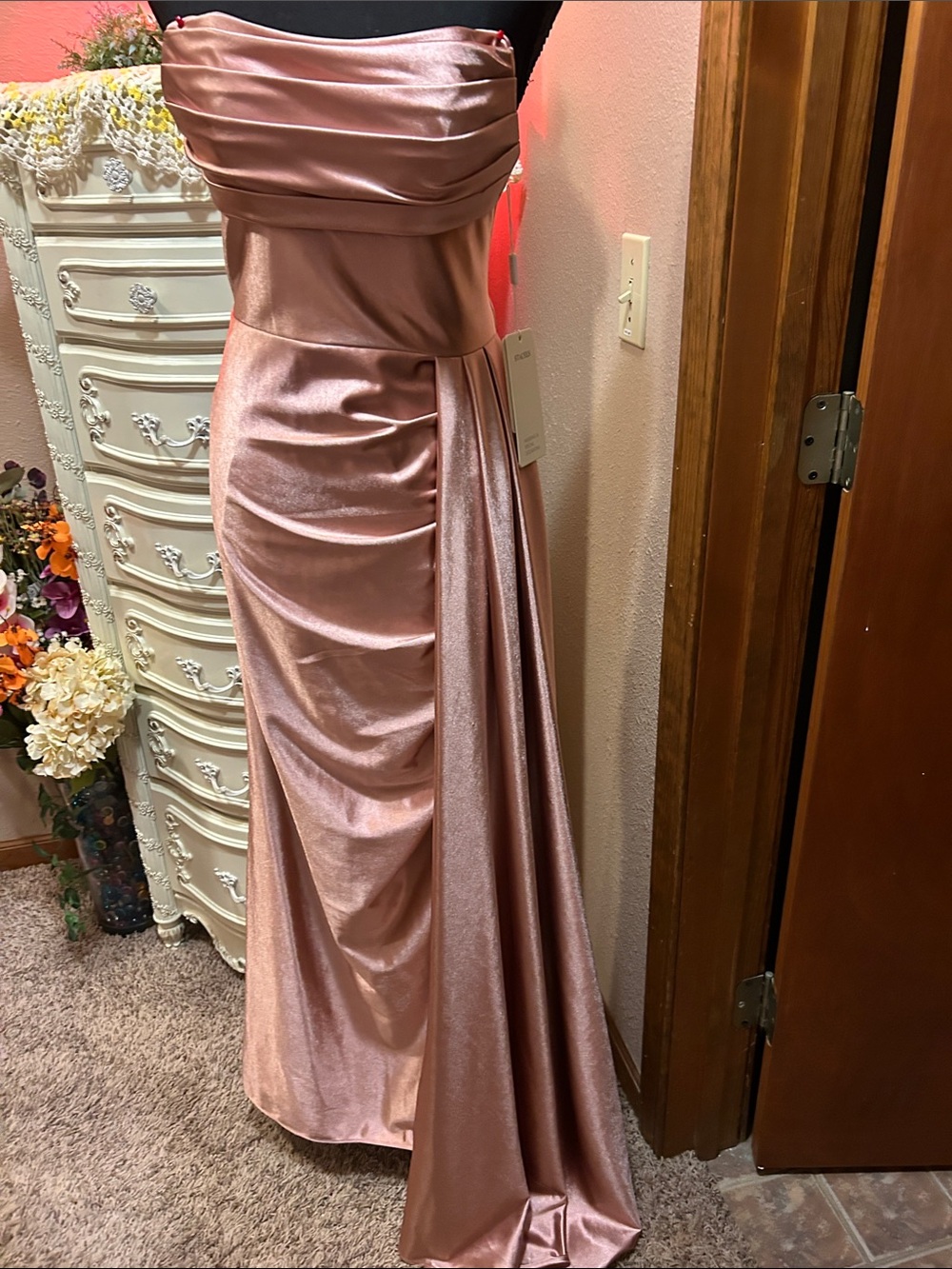 Beautiful Strapless Ruched Satin Evening Gown in Rose Gold.